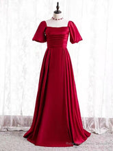 Burgundy Satin Square Short Sleeve Prom Dress